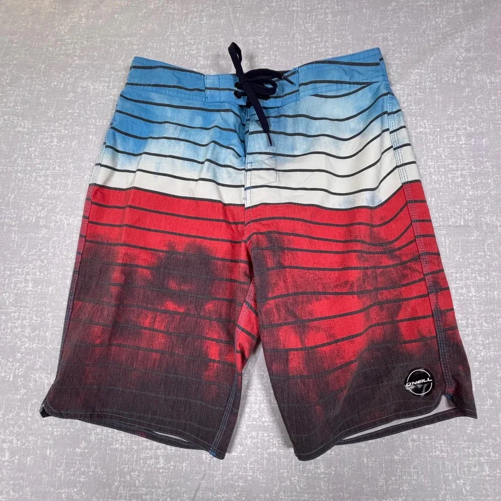 Lot of 2 O'Neill Mens Board Shorts Size 30 Blue Floral & Red Striped Swim Trunks